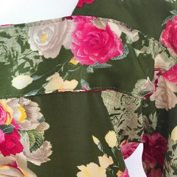 DKNY Long Colorful Tunic olive green/pink/yellow floral 3/4 sleeve square neck 6 - Picture 15 of 16